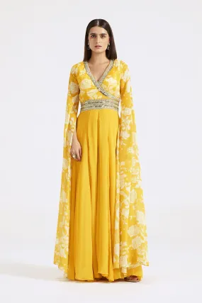 51Z022-RO Yellow Printed Chinon Jumpsuit with Cape Sleeves