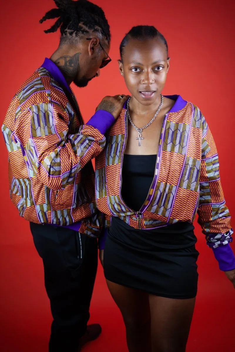 African Bomber Jacket In Beautiful Brown Kente Print