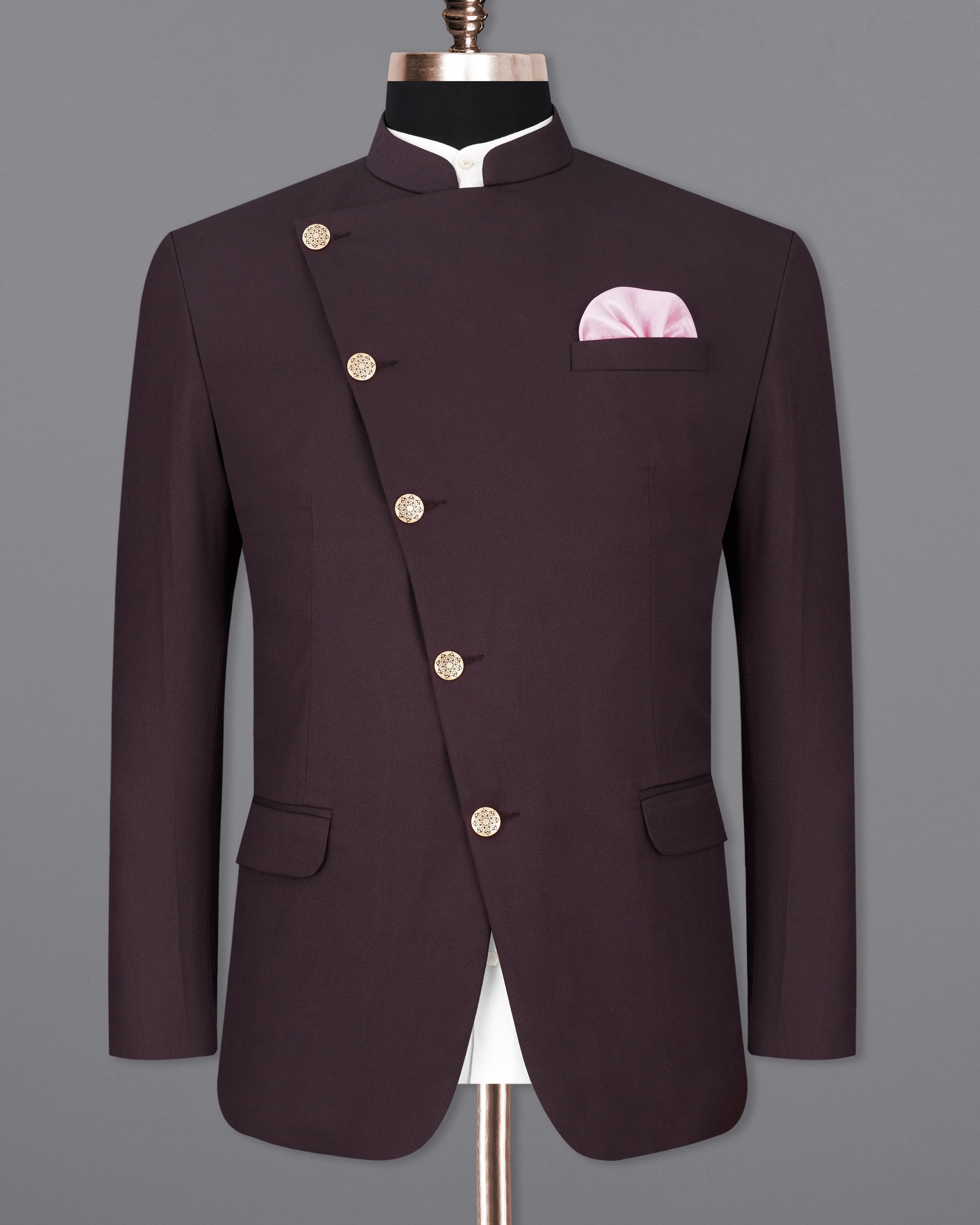 Aubergine Maroon Cross Placket Bandhgala Blazer