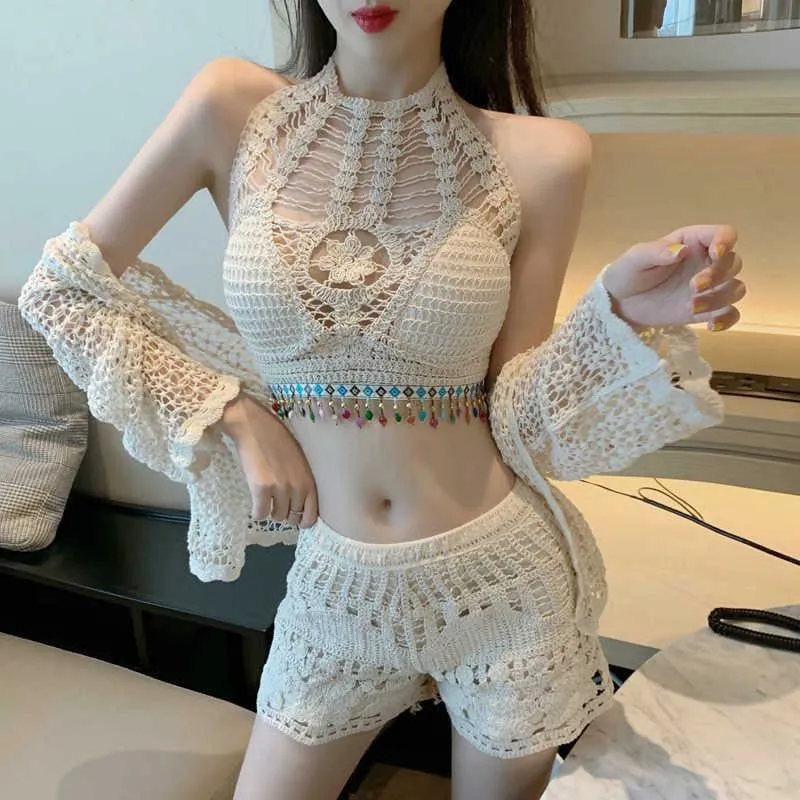 Austin Crochet Blouse With Shorts And Cape Set