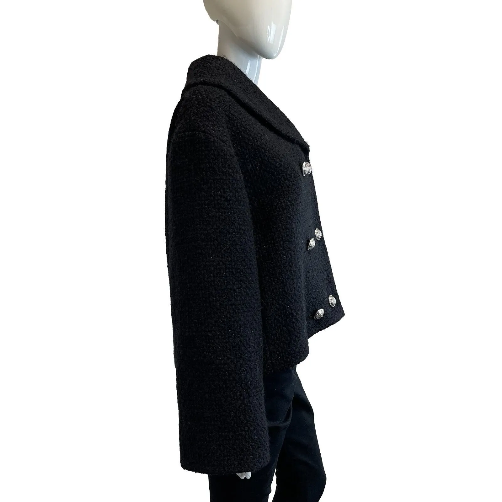 Balmain Cape Wool Peacoat - Black, Silver-Toned Hardware 36 US S Jacket