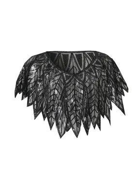 Black 1920s Leaves Sequined Mesh Cape