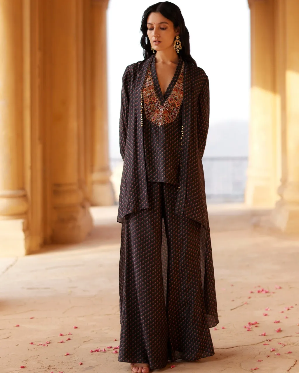 Black Embroidered Printed Tunic Set With Cape