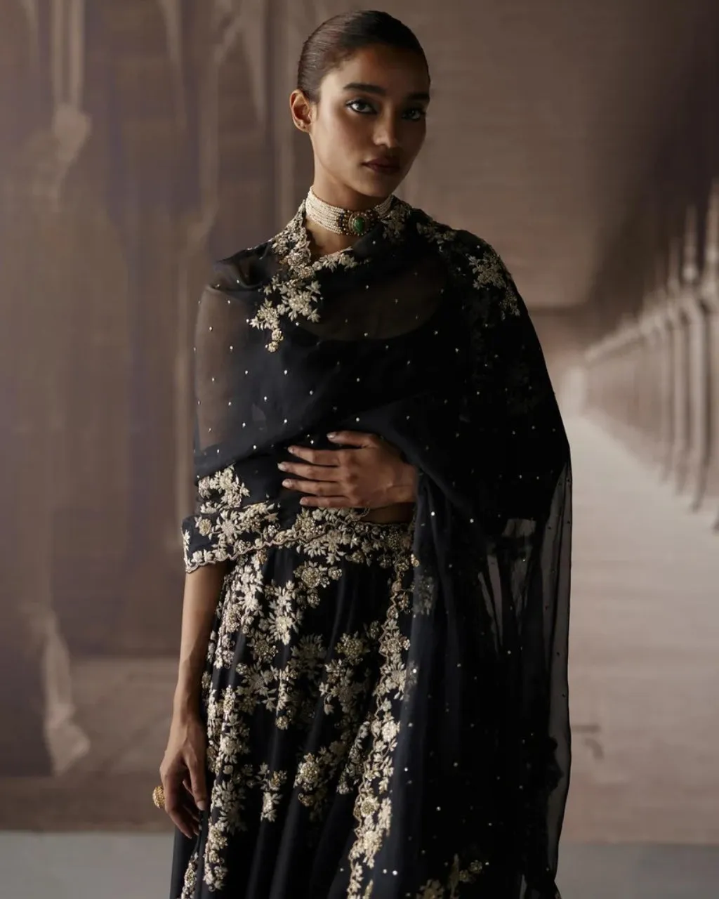 Black Sharara & Cape With Ivory Threadwork