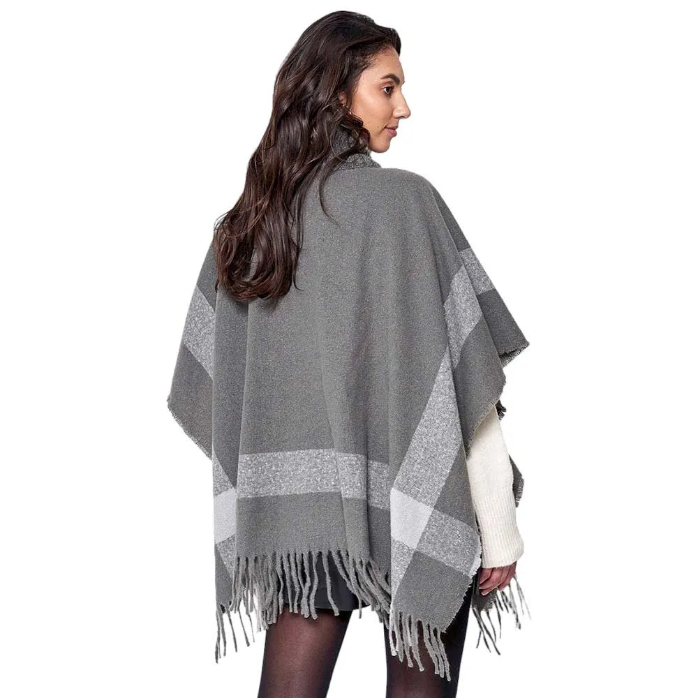 Bordered Fringe Open Cape Ruana Poncho