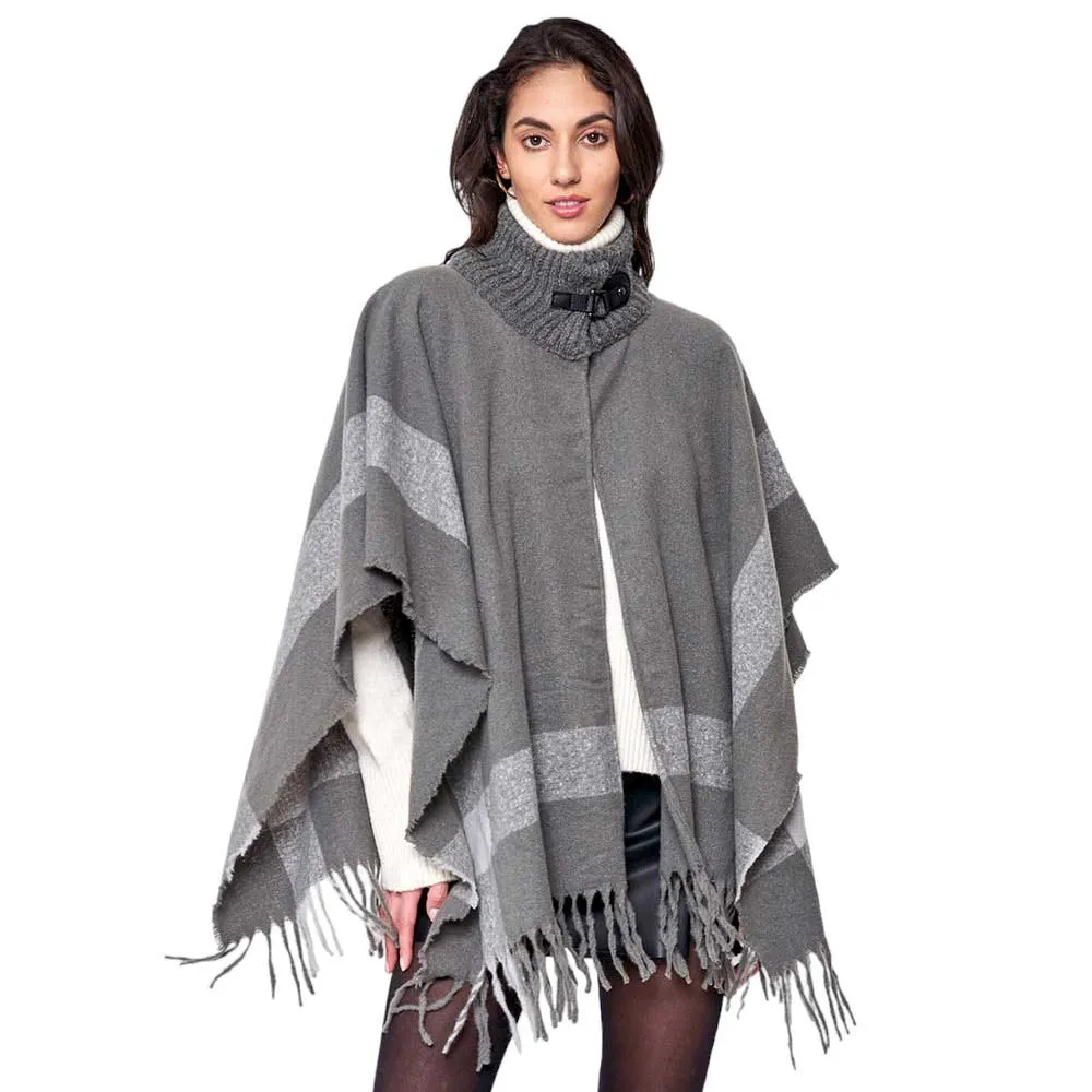 Bordered Fringe Open Cape Ruana Poncho