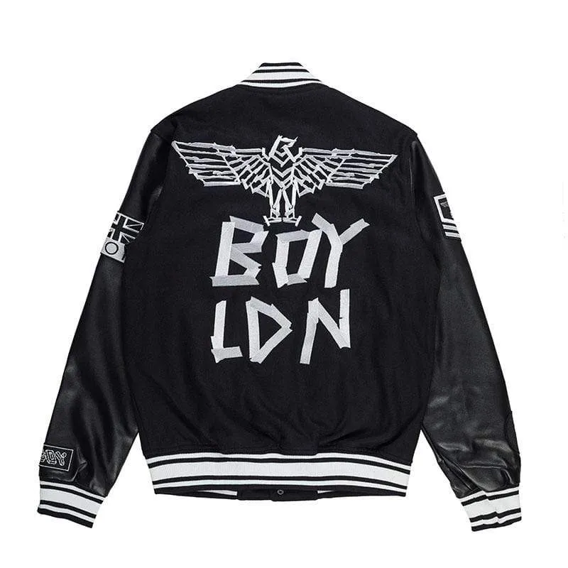 BOY TAPE EAGLE SHORT VARSITY BOMBER JACKET - BLACK