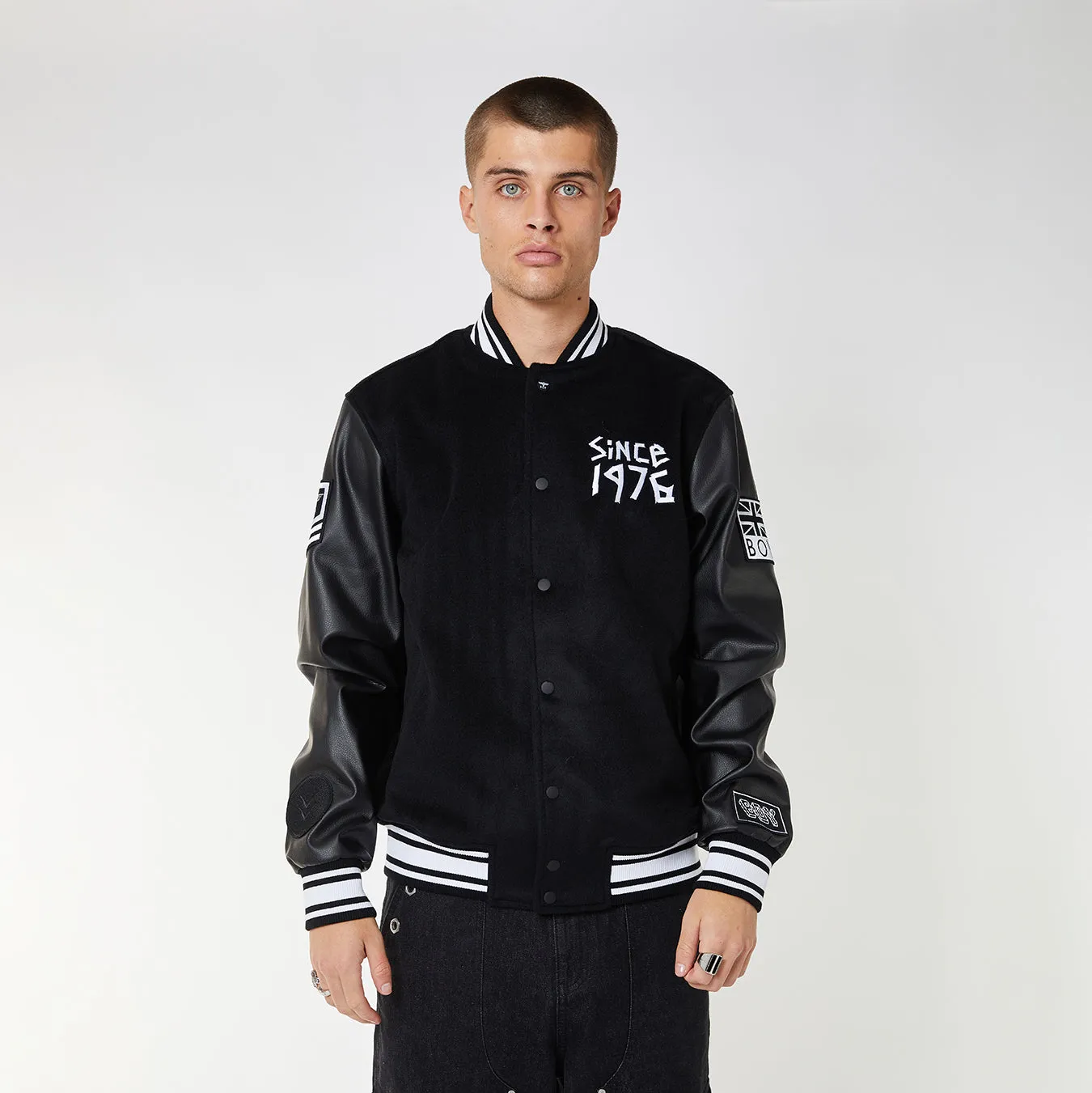 BOY TAPE EAGLE SHORT VARSITY BOMBER JACKET - BLACK