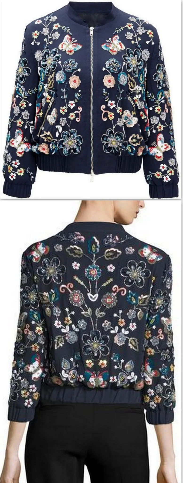 'Butterfly Garden' Floral Embellished Bomber Jacket in Blue