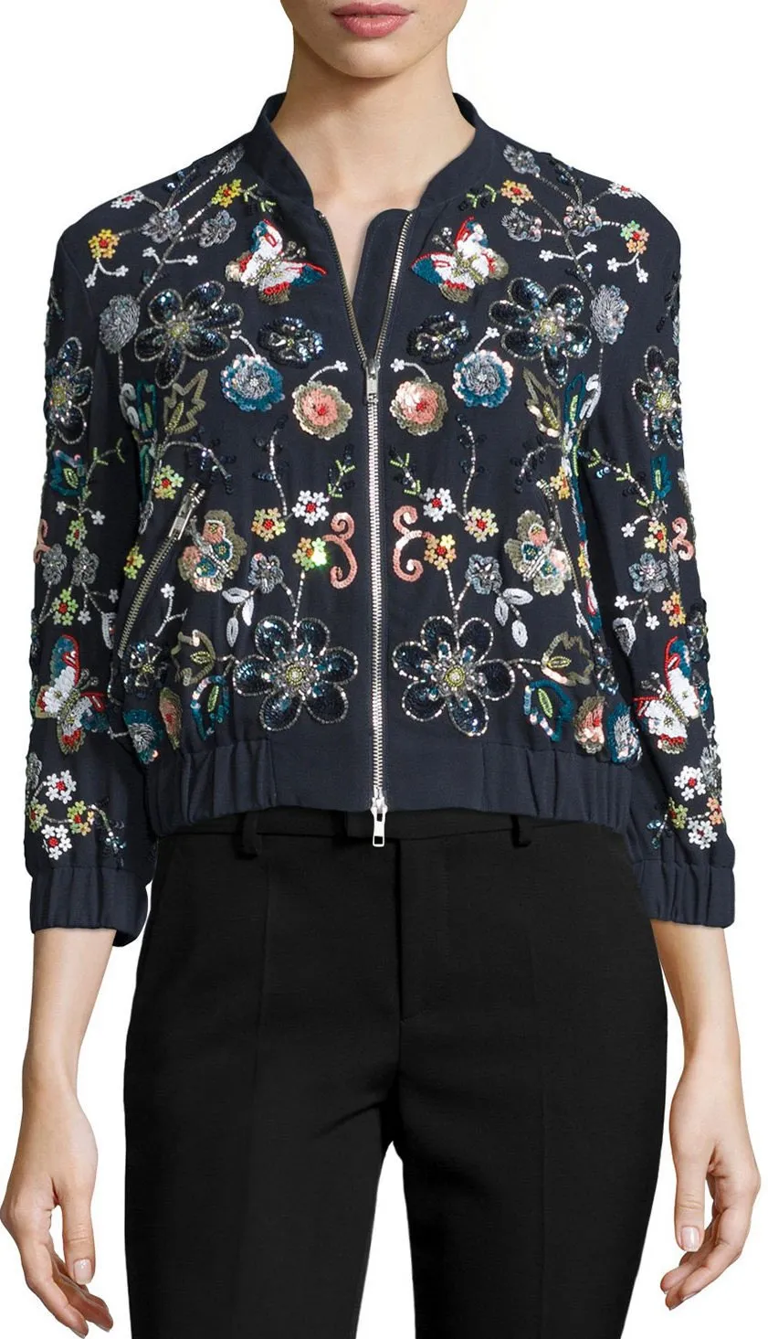 'Butterfly Garden' Floral Embellished Bomber Jacket in Blue