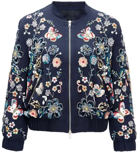 'Butterfly Garden' Floral Embellished Bomber Jacket in Blue