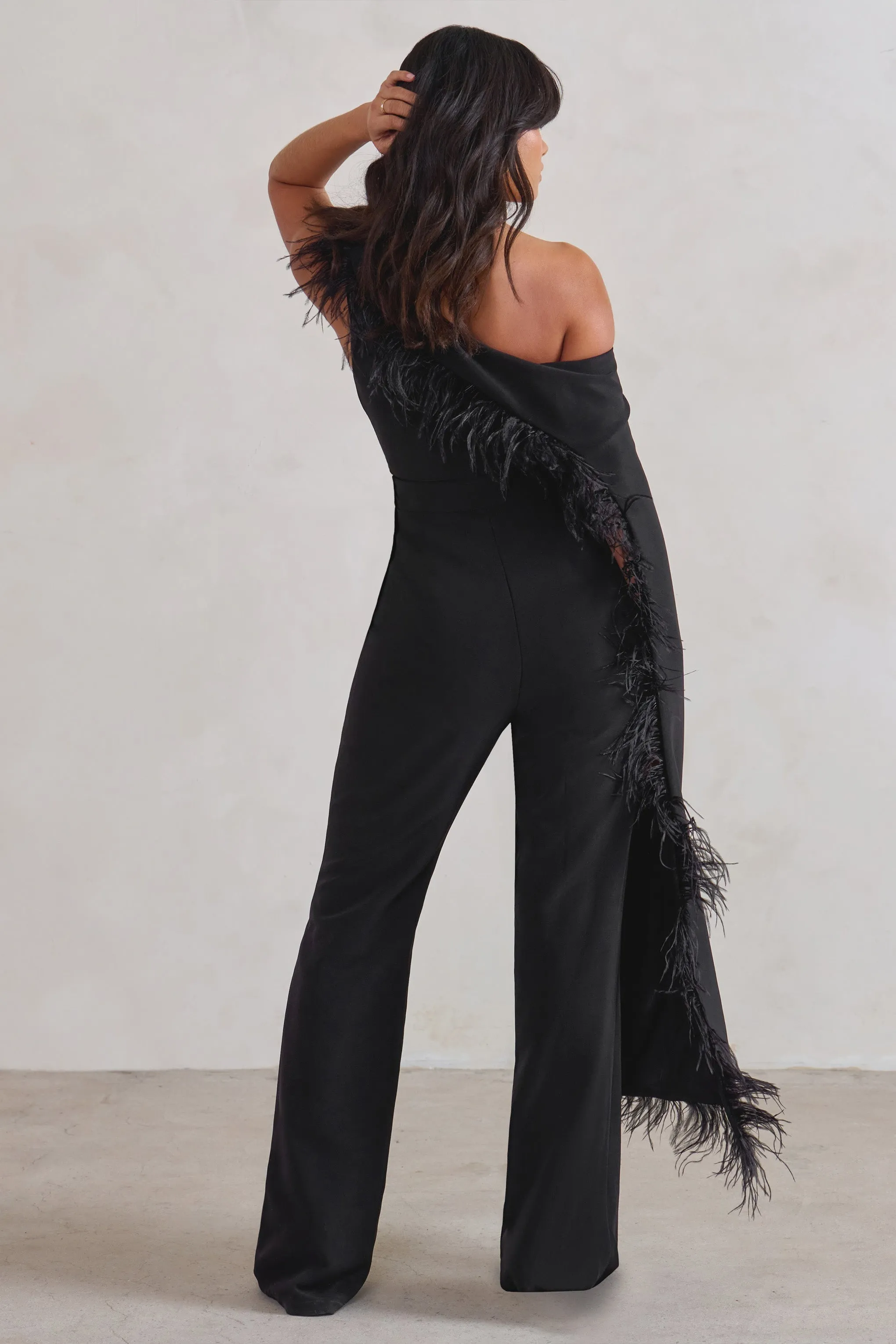 Cindy | Black One-Shoulder Cape Jumpsuit with Feather Trim