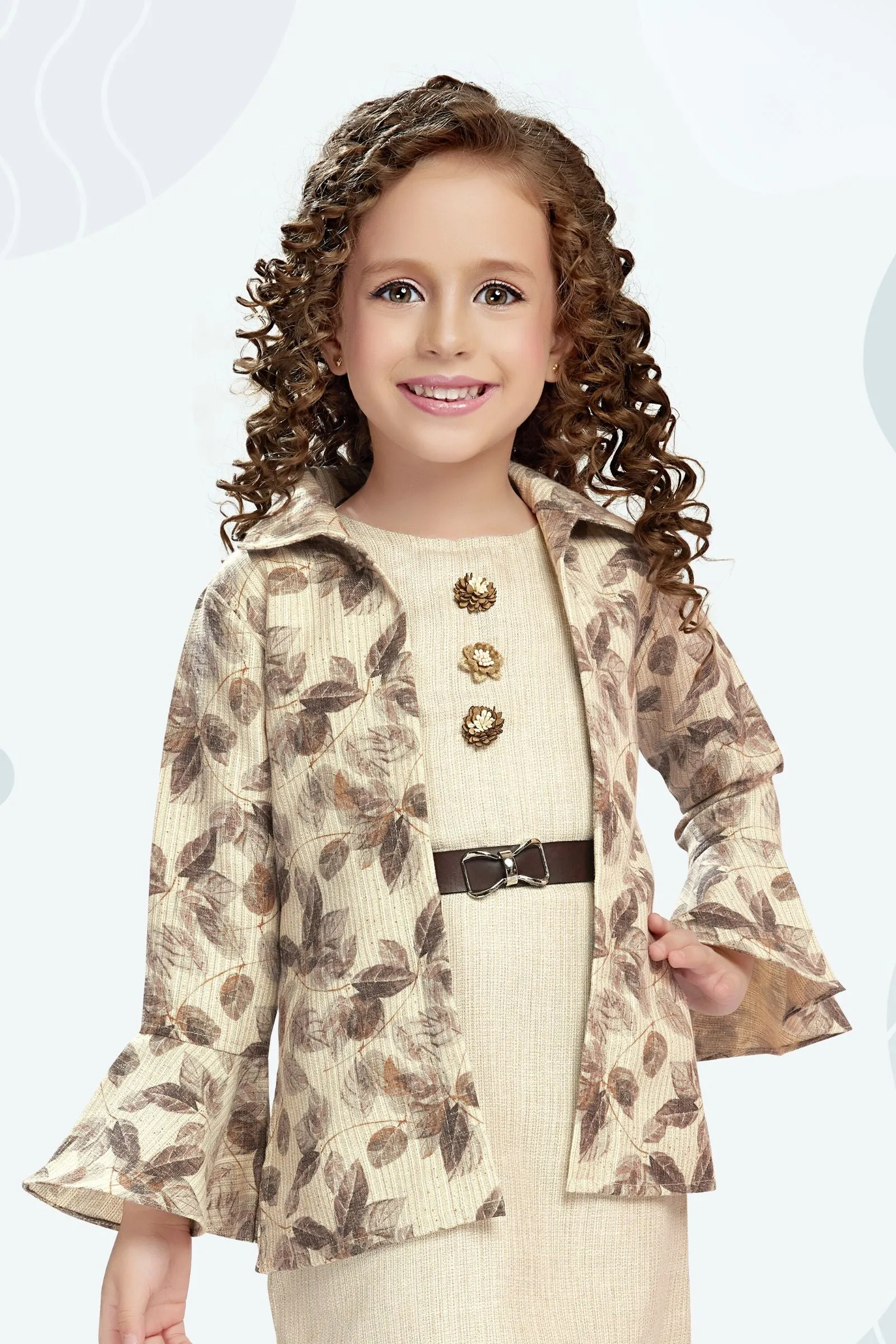 Cream with Digital Print Overcoat Styled Short Frock For Girls