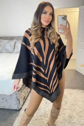 Dakota Black and Camel Zebra Print Diamante Trim Cape