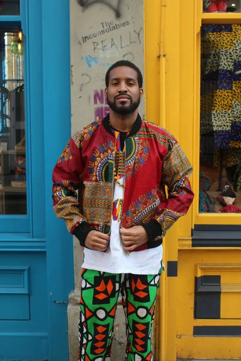 Dashiki Bomber Jacket in Red African Print