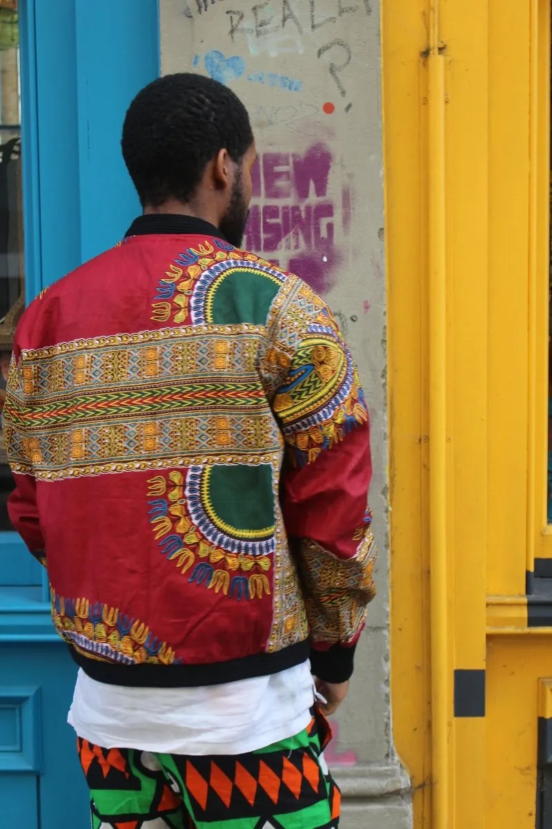 Dashiki Bomber Jacket in Red African Print