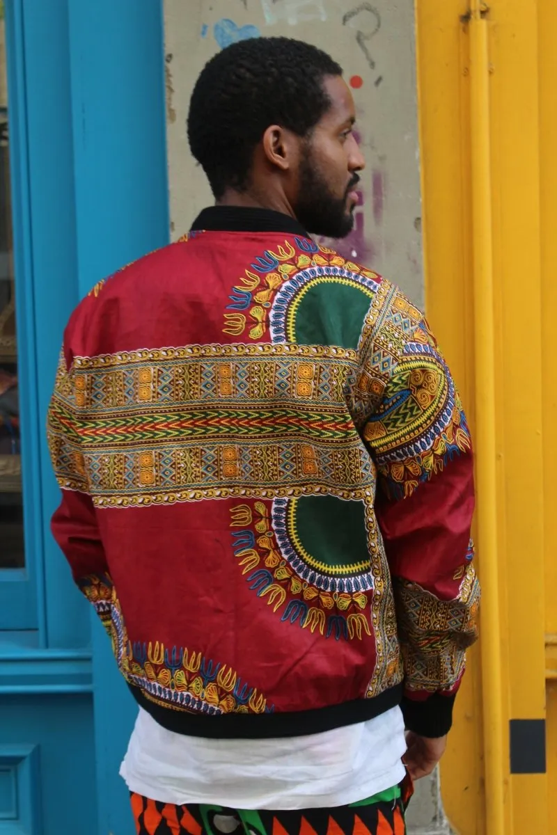 Dashiki Bomber Jacket in Red African Print