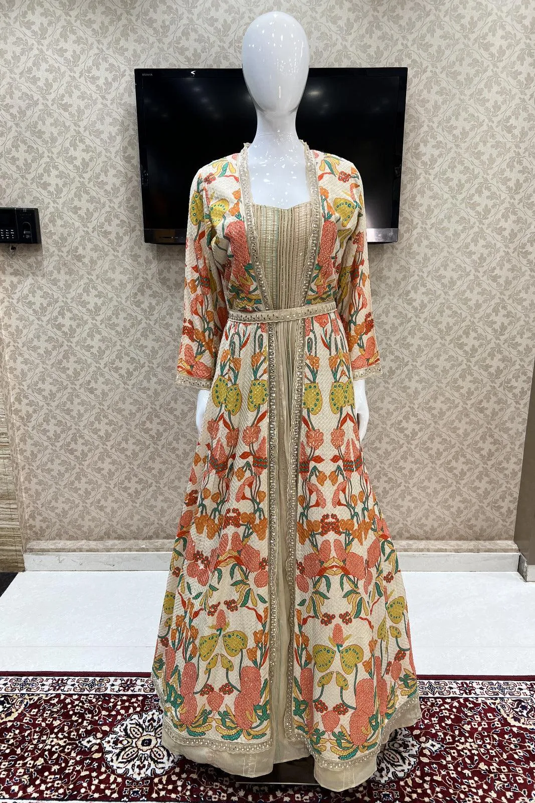 Fawn Multicolor Digital Print Long Overcoat Styled Floor Length Anarkali Suit