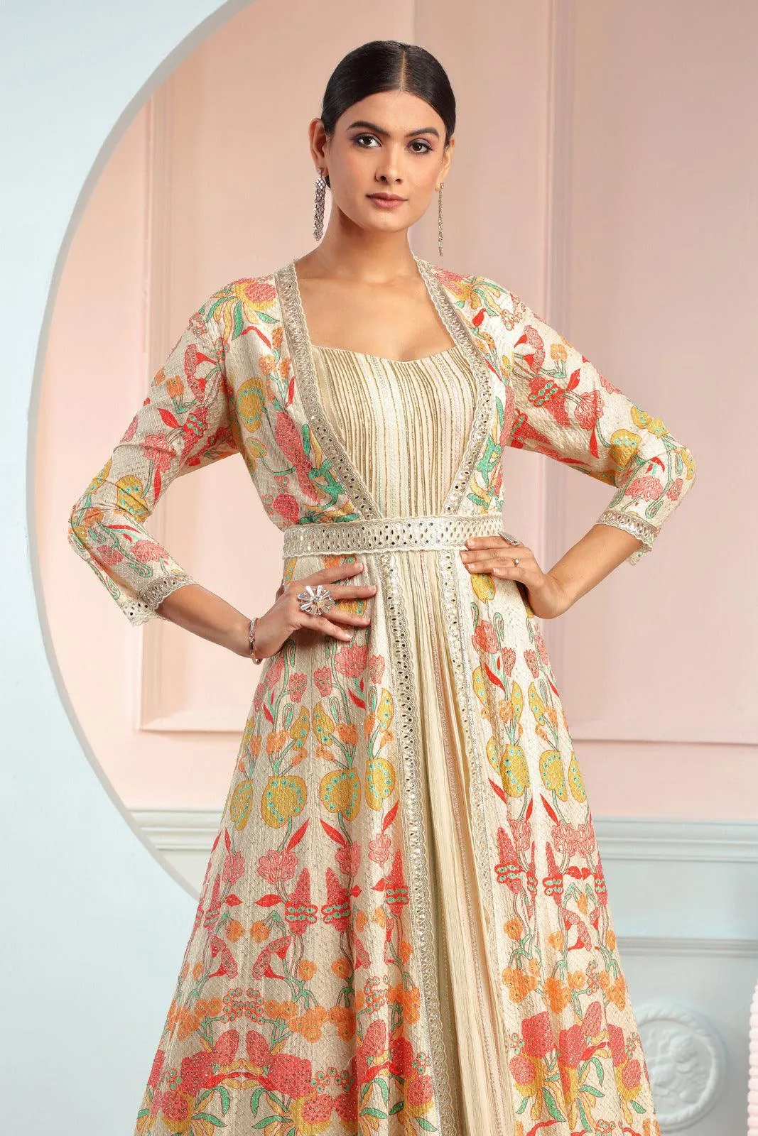 Fawn Multicolor Digital Print Long Overcoat Styled Floor Length Anarkali Suit