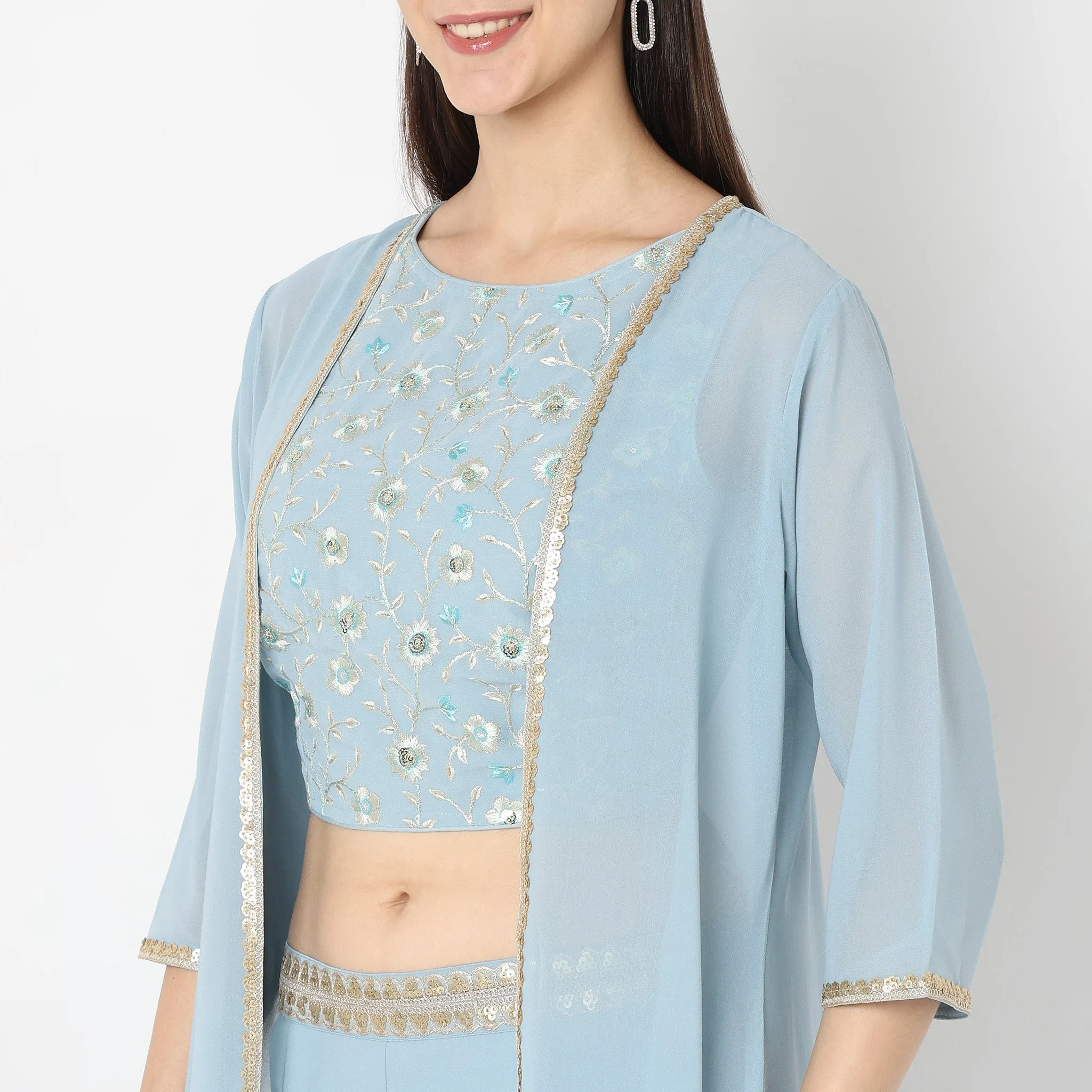 Flare Fit Embroidered Top with Palazzo & with Cape Set