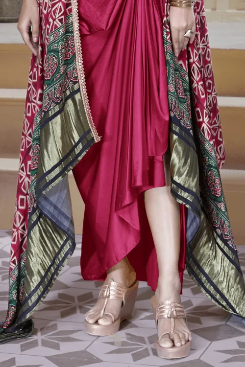 Green with Pink Mirror, Thread and Zari work Overcoat with Dhoti Styled Crop Top Set