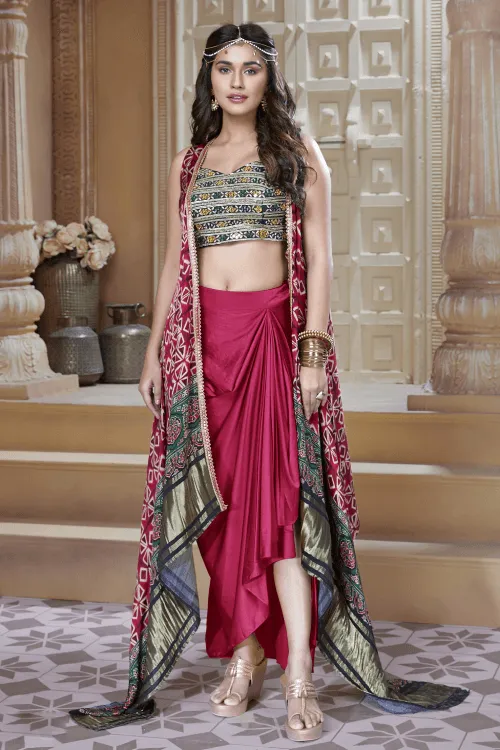 Green with Pink Mirror, Thread and Zari work Overcoat with Dhoti Styled Crop Top Set