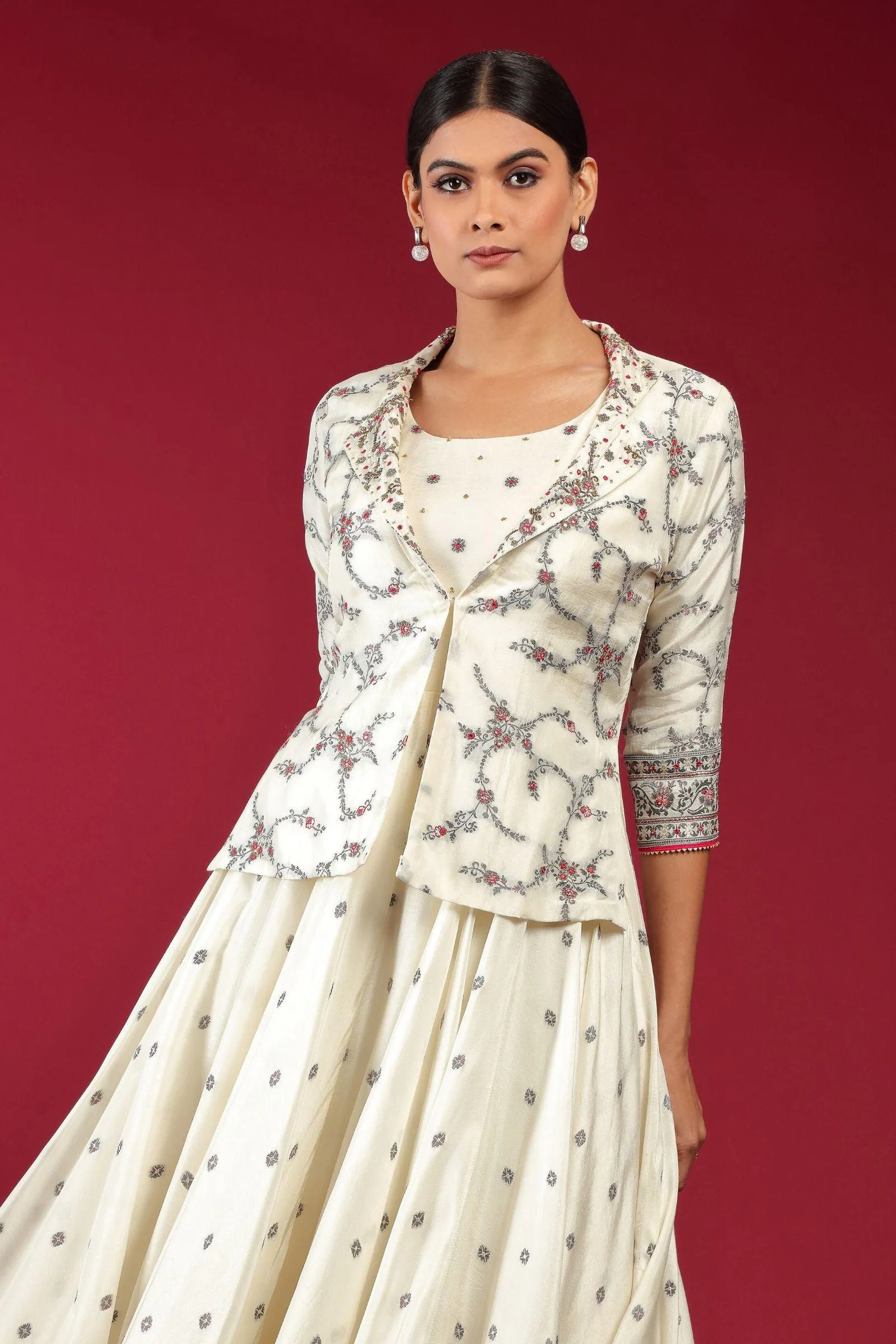 Half White Anarkali Style Salwar Suit with Overcoat and Gathering Pants