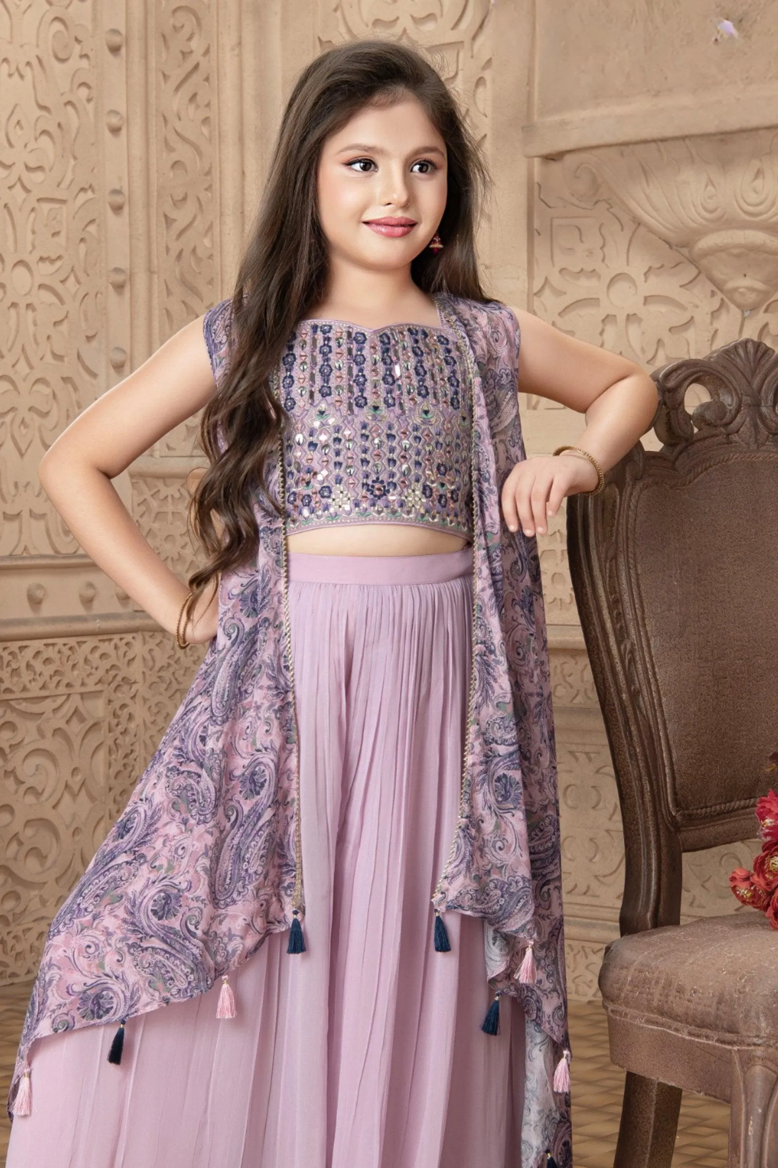 Lilac Mirror, Thread and Zari work with Digital Print Overcoat Styled Palazzo Set For Girls