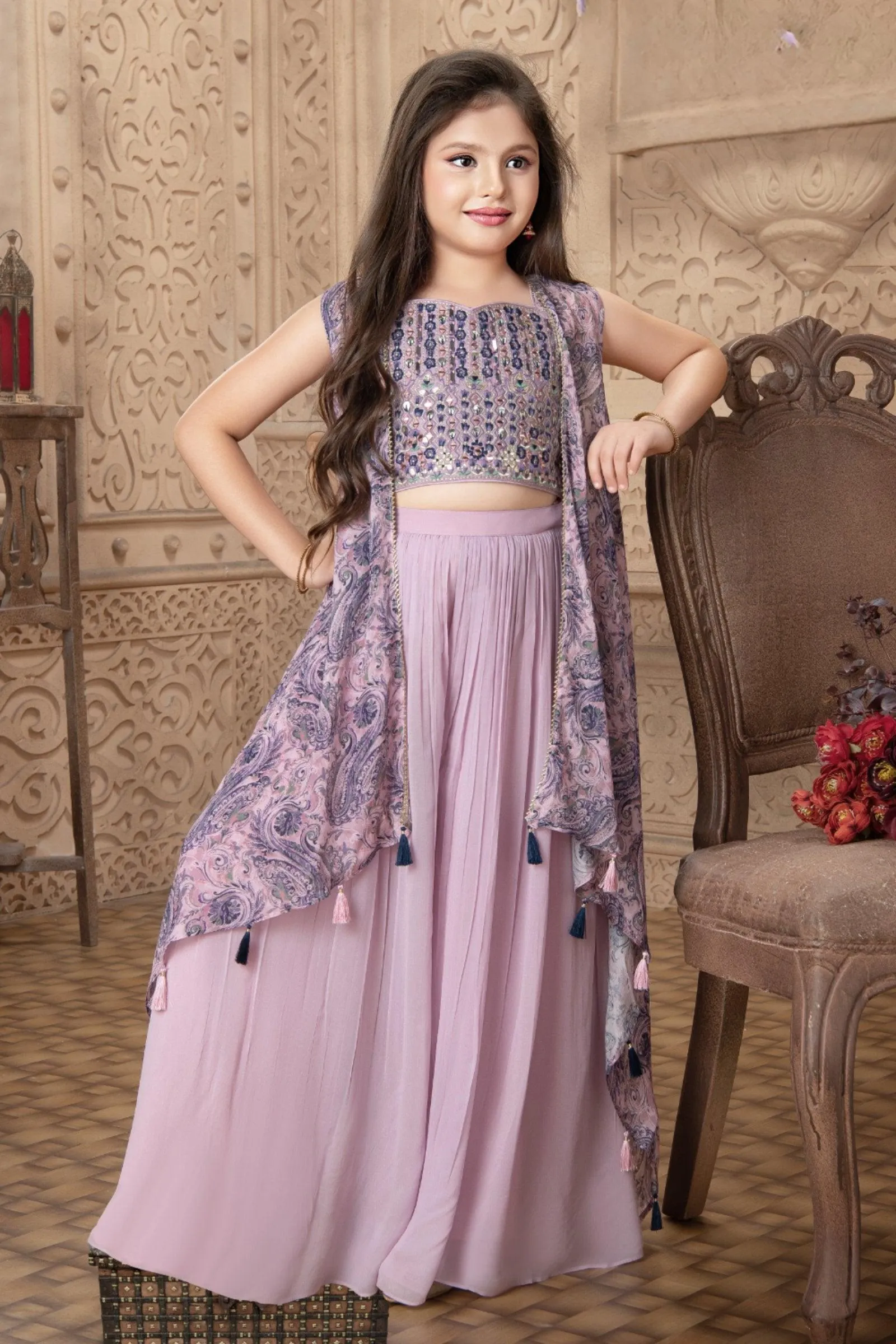 Lilac Mirror, Thread and Zari work with Digital Print Overcoat Styled Palazzo Set For Girls