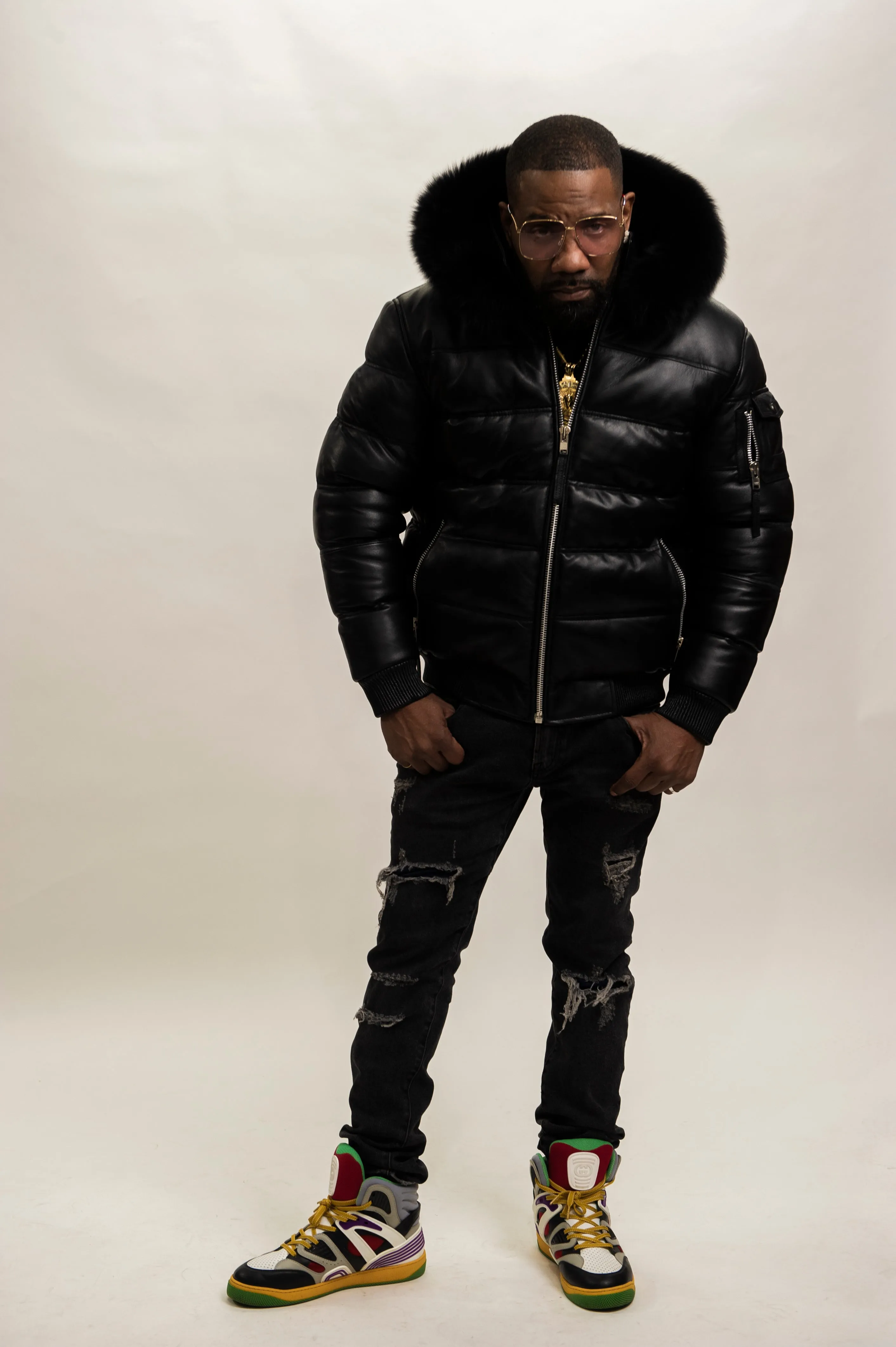 Men’s Aspen Leather Bubble Bomber Jacket [Black/Black Fox]