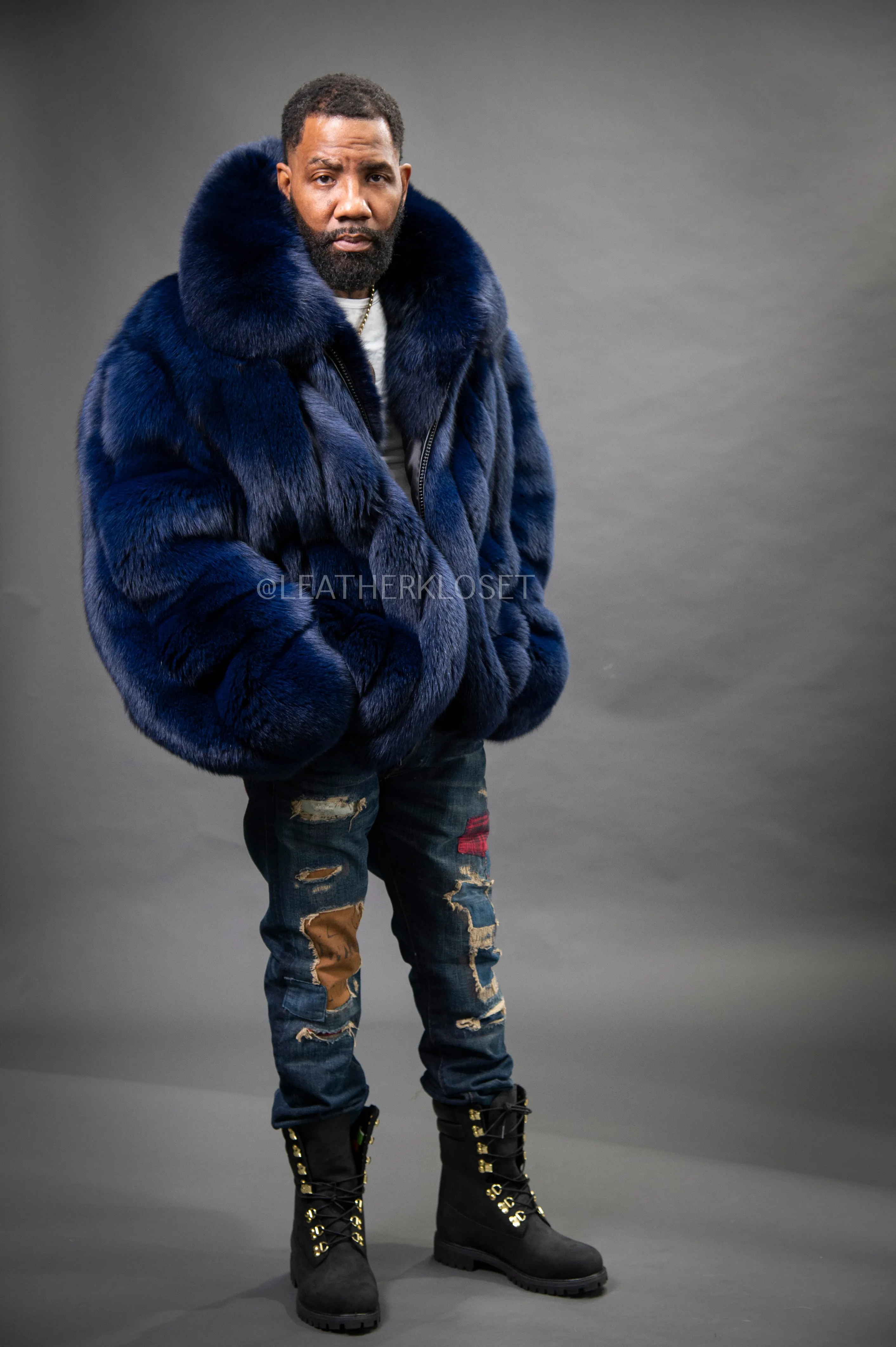 Men's Black Fox Fur Bomber Jacket [Navy Blue]