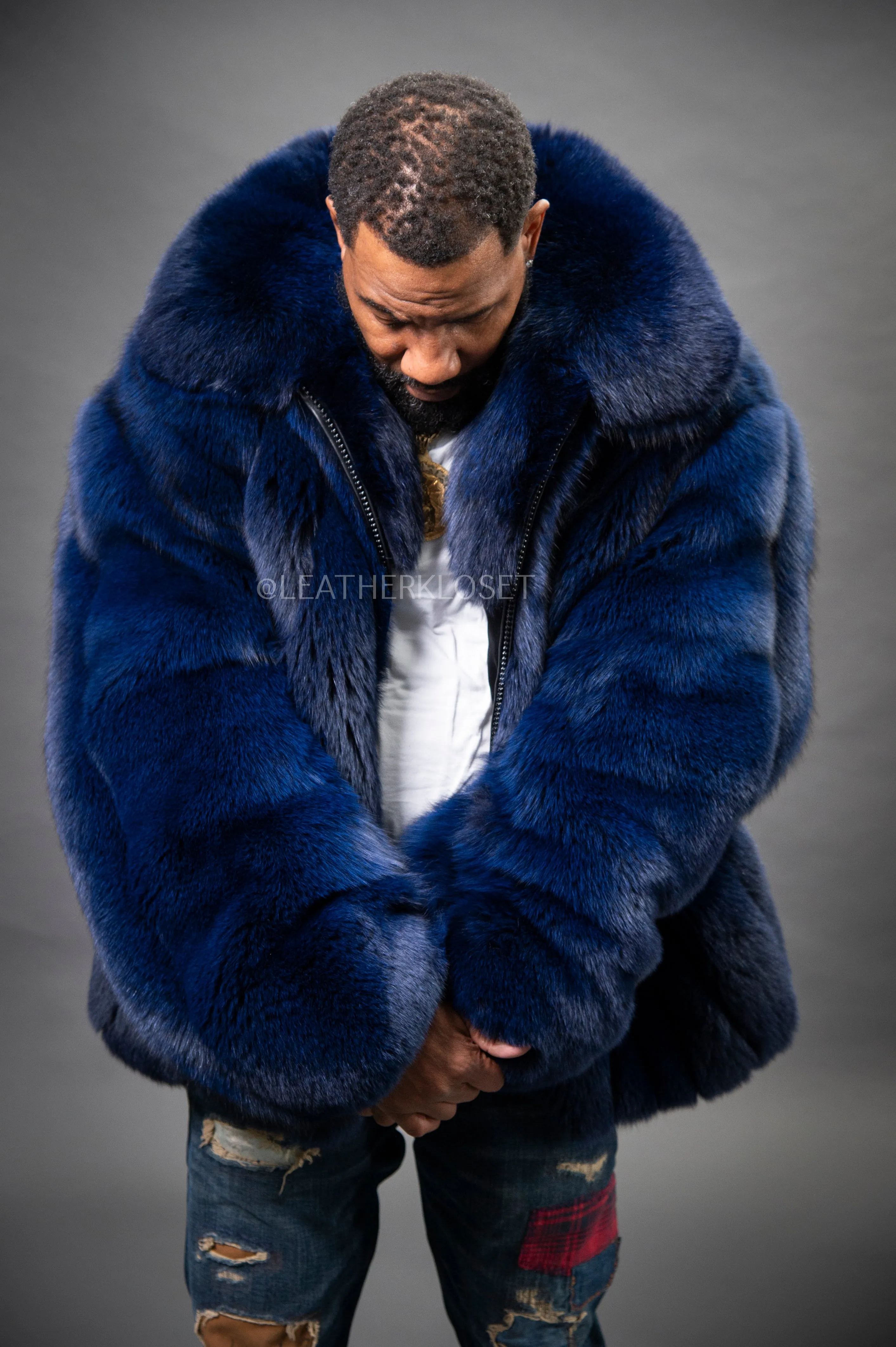 Men's Black Fox Fur Bomber Jacket [Navy Blue]