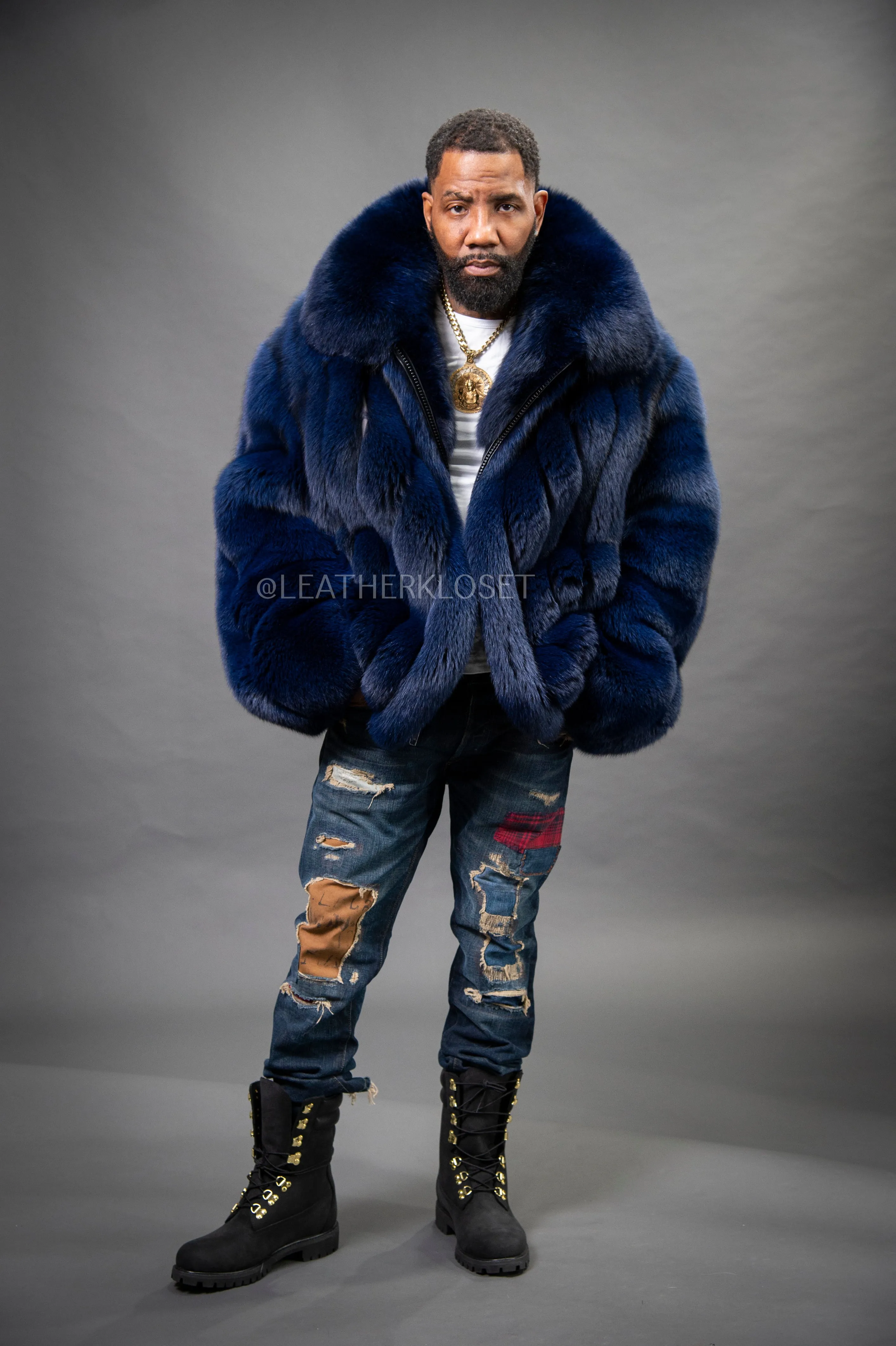 Men's Black Fox Fur Bomber Jacket [Navy Blue]