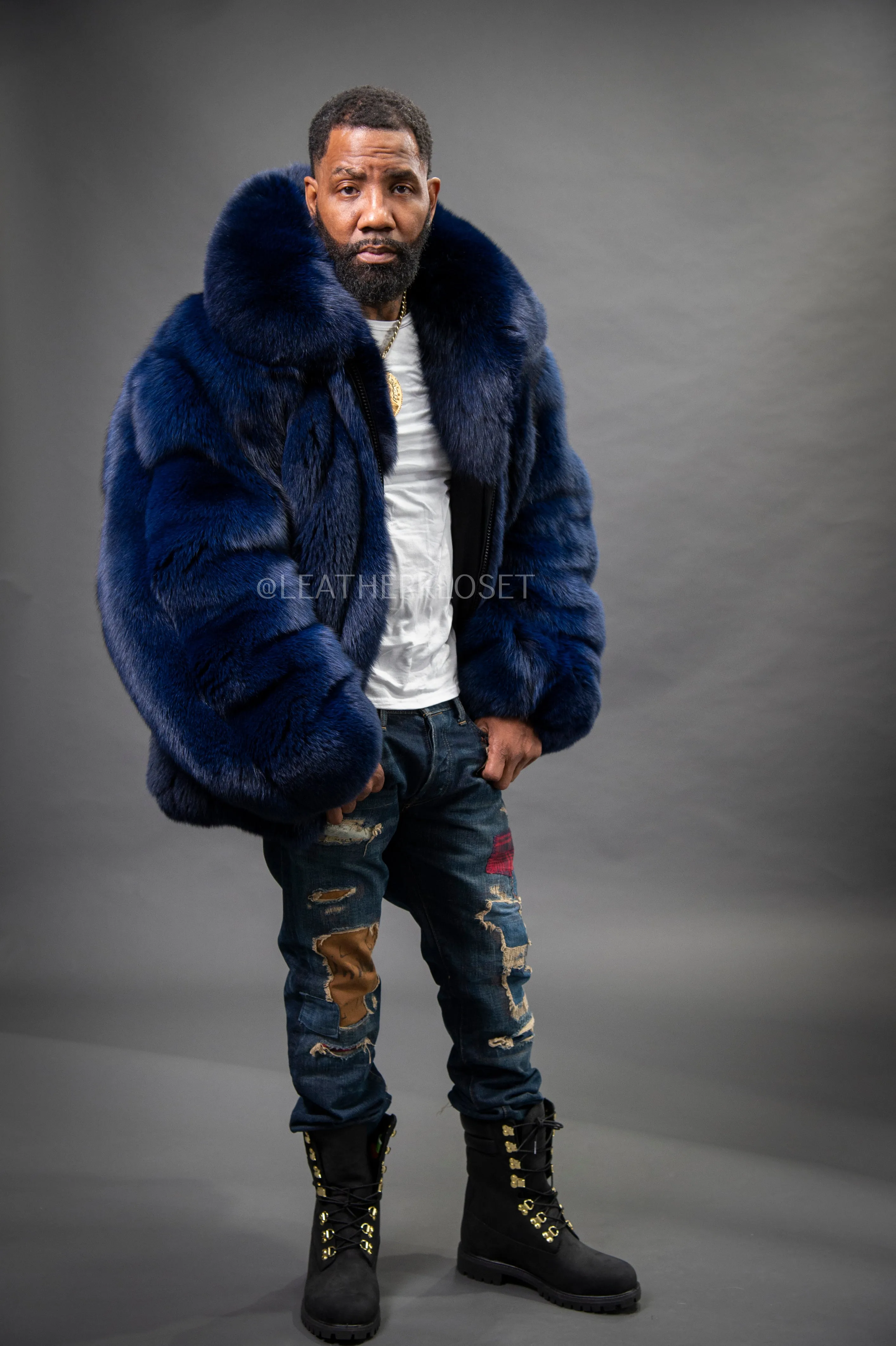 Men's Black Fox Fur Bomber Jacket [Navy Blue]