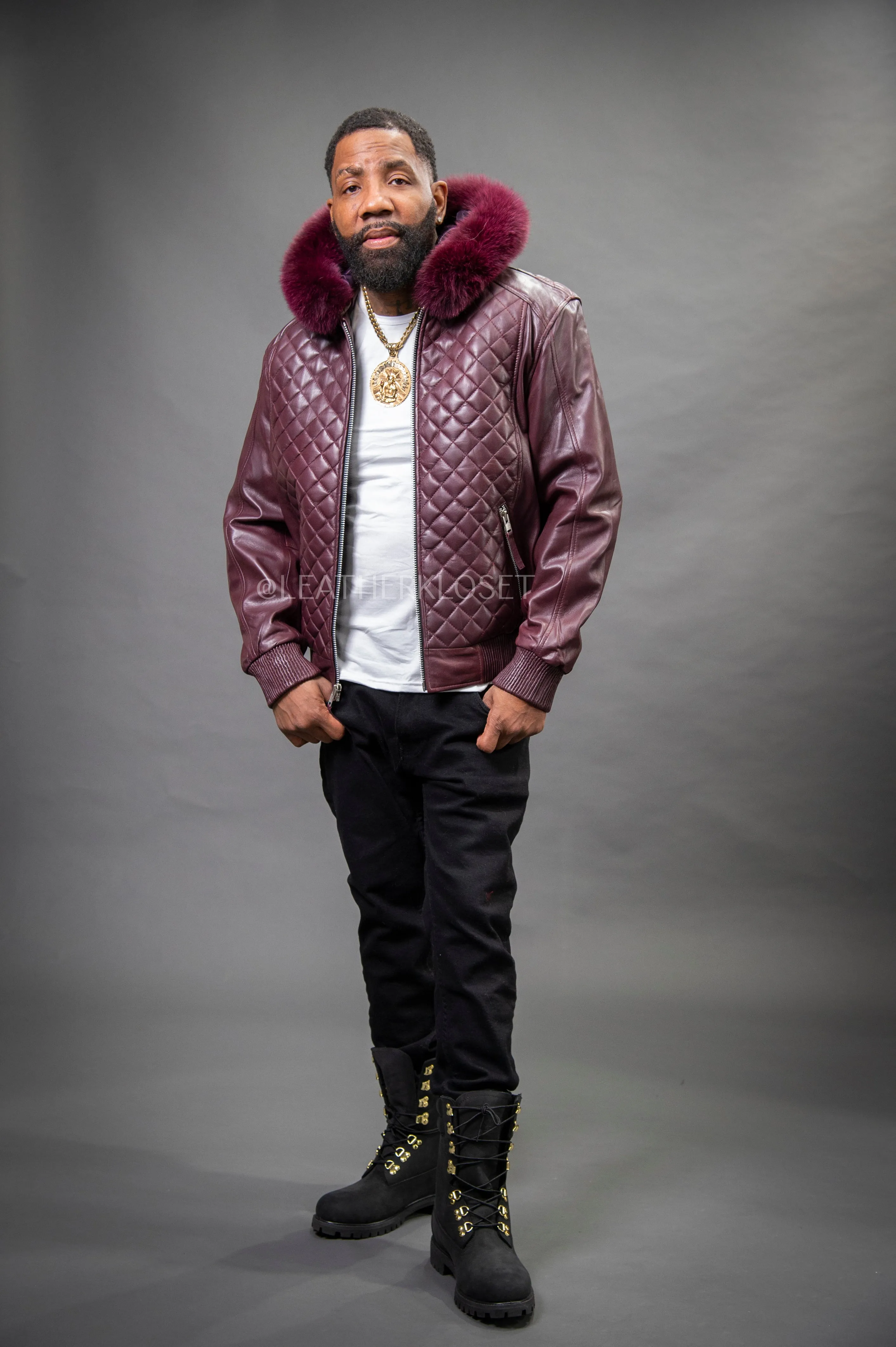 Men's Lucas Quilted Leather Bomber Jacket With Fox Hood [Wine]