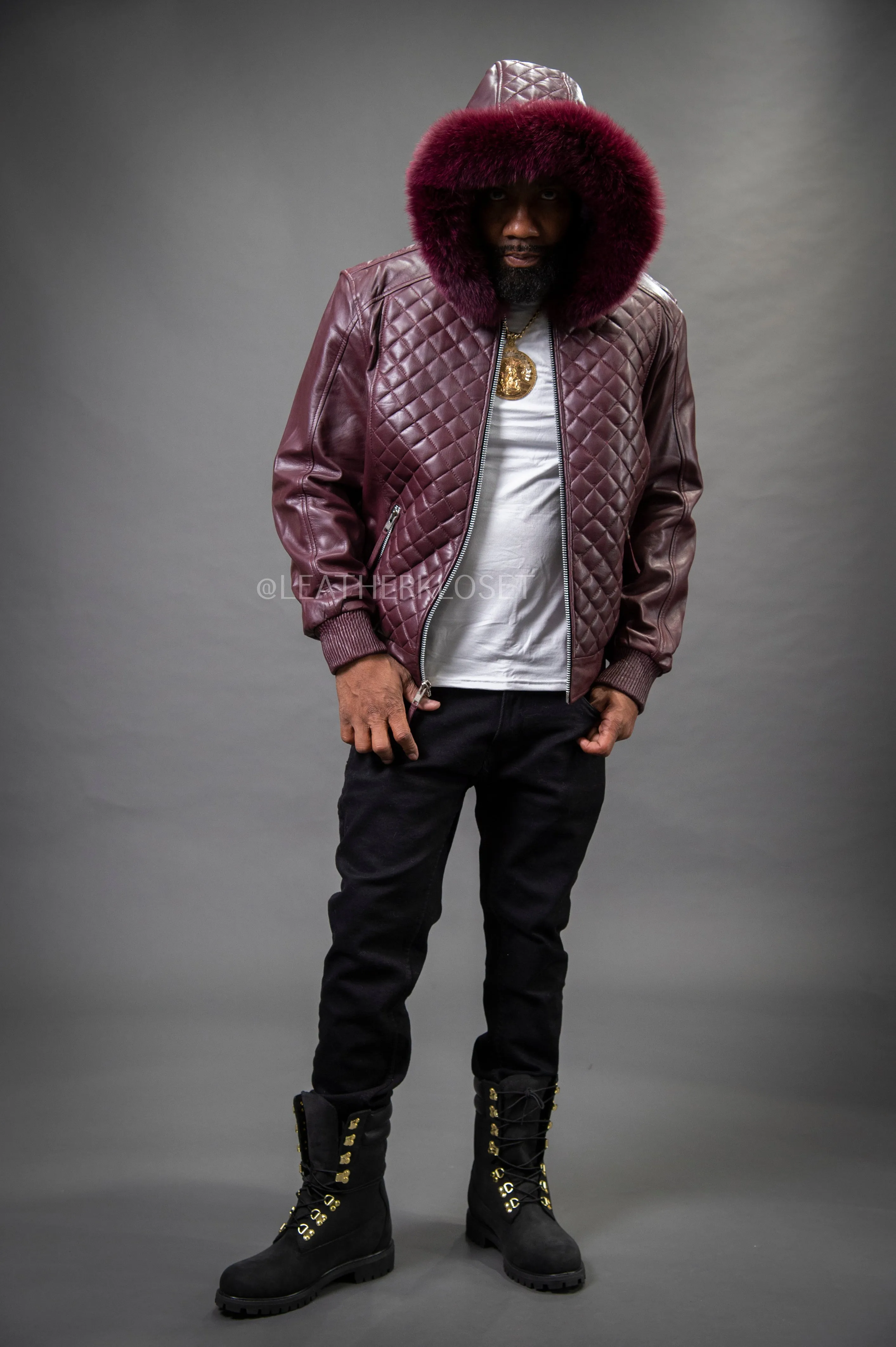 Men's Lucas Quilted Leather Bomber Jacket With Fox Hood [Wine]