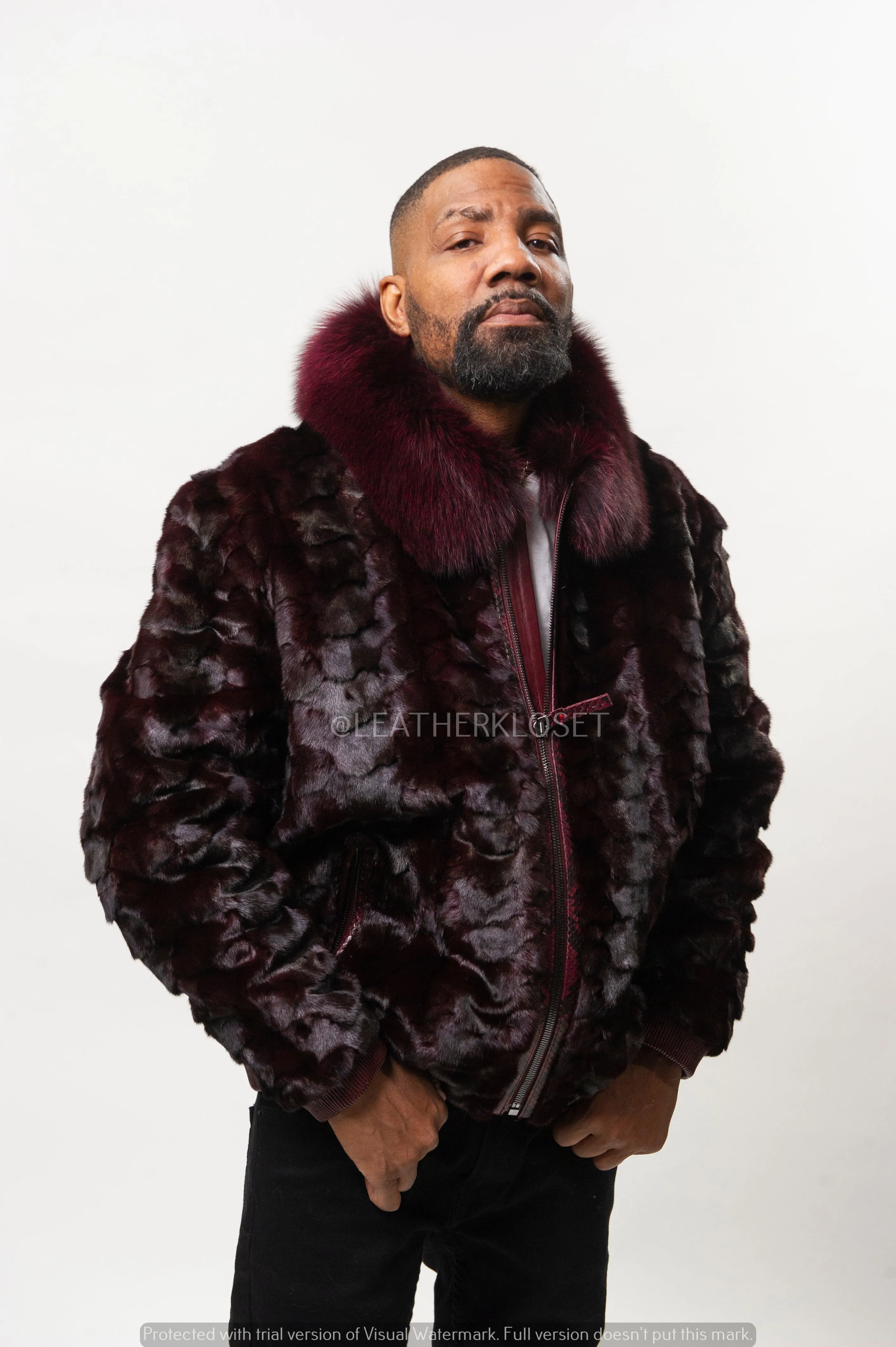 Men's Mink Bomber Jacket [Burgundy]