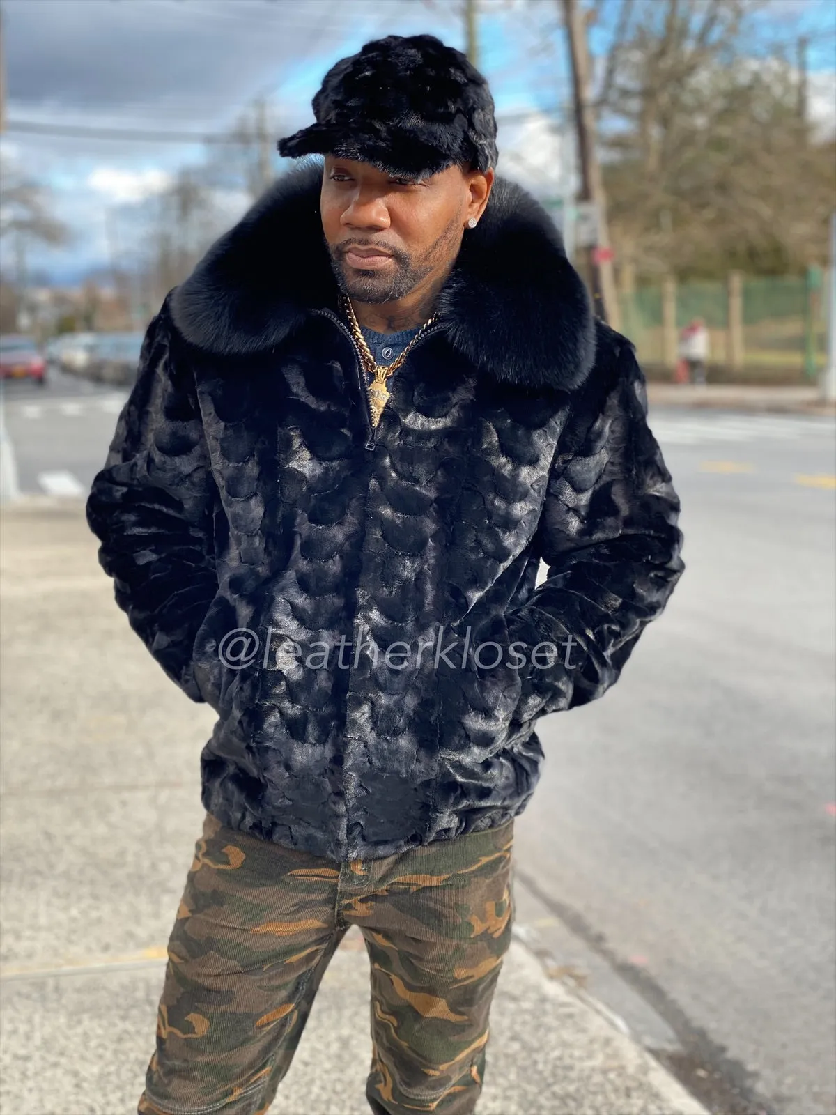 Men's Mink Bomber Jacket With Matching Cap [Black]