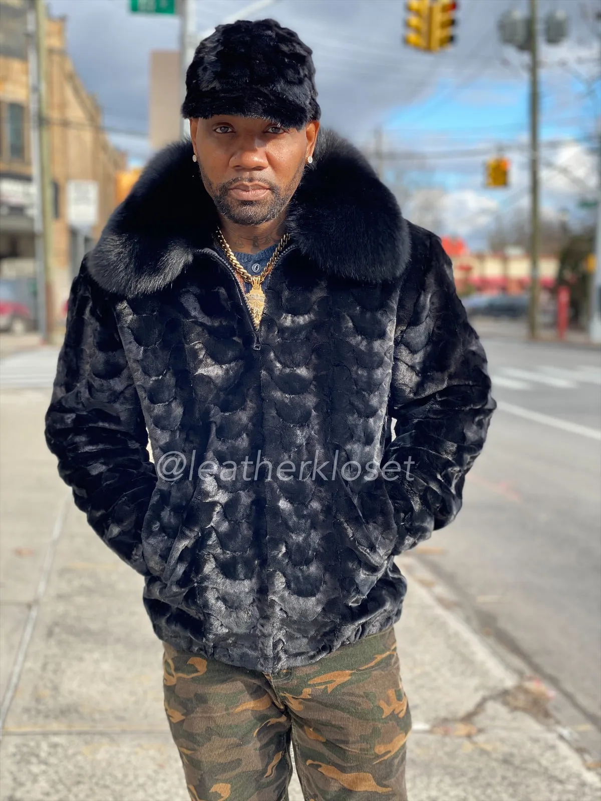 Men's Mink Bomber Jacket With Matching Cap [Black]