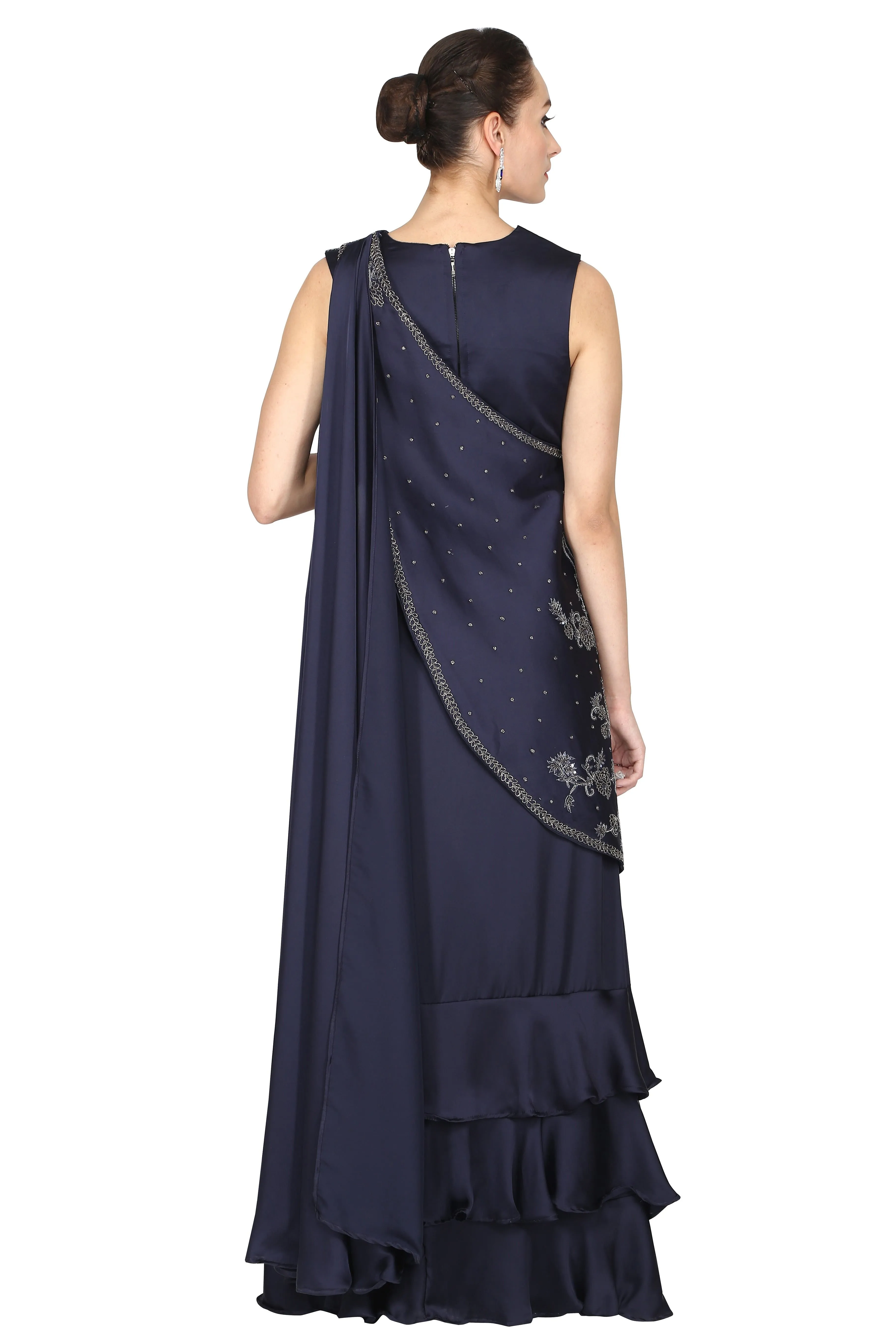 Navy Blue Drape Saree with One-Shoulder Cape.