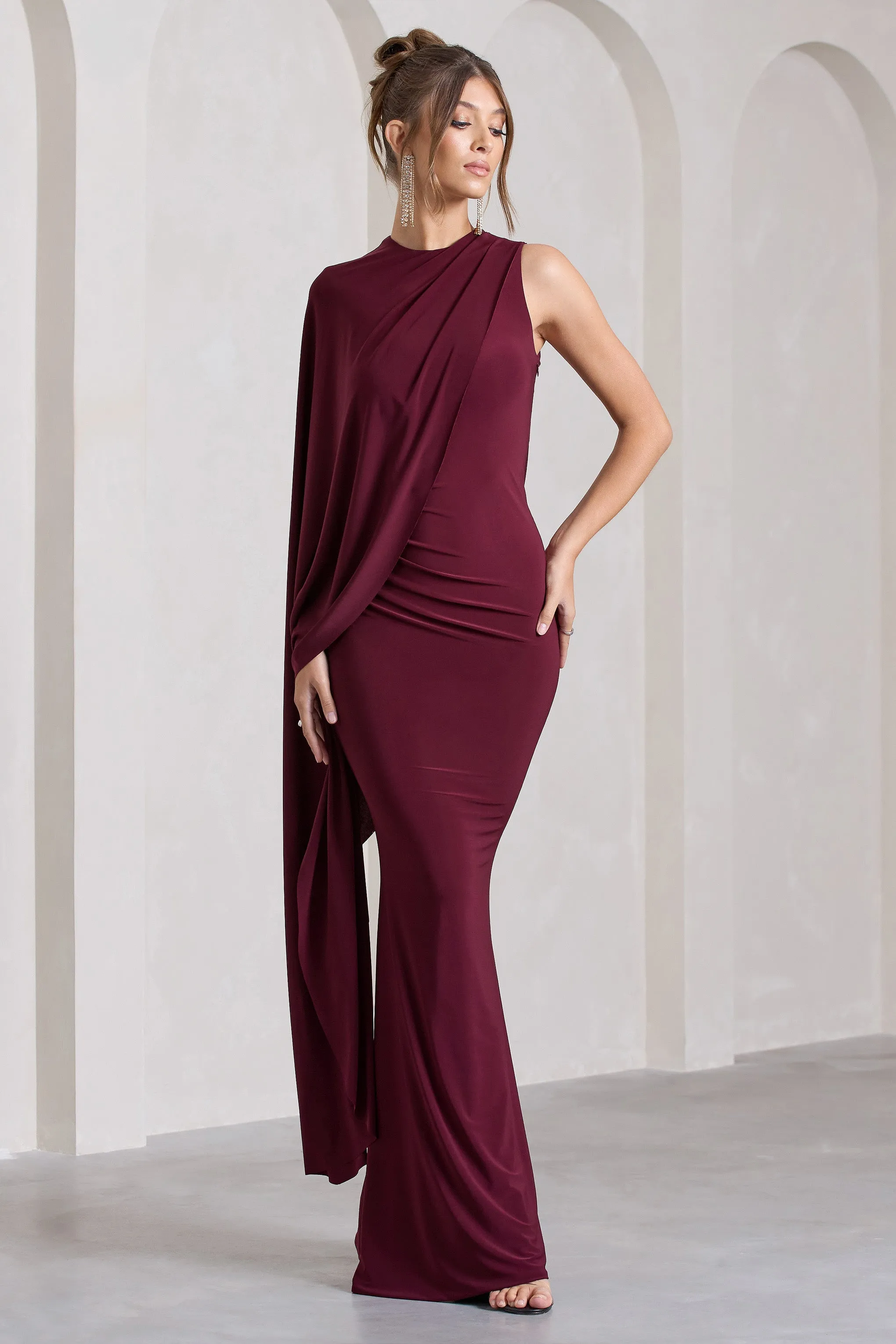 Unveil | Burgundy One-Sleeve Cape Maxi Dress